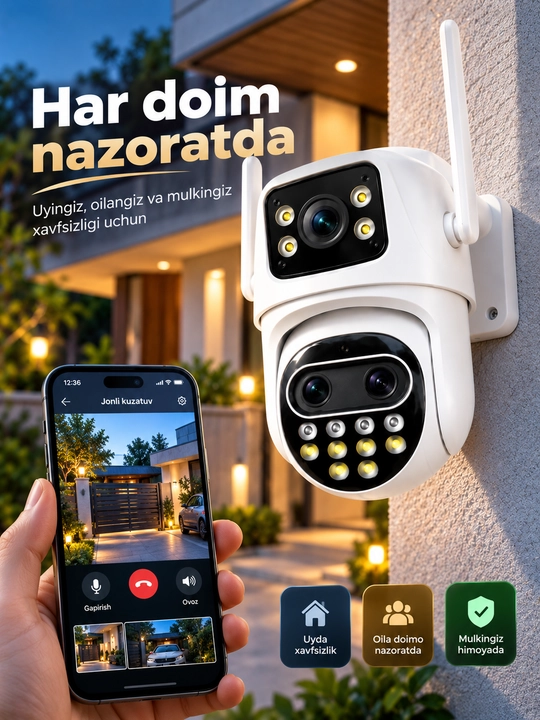 Aqlli Wi-Fi kamera, PTZ kuzatuv kamerasi tashqi kamera Full HD 360 darajali kamera