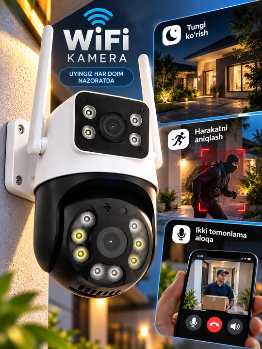Aqlli Wi-Fi kamera, PTZ kuzatuv kamerasi tashqi kamera Full HD 360 darajali kamera