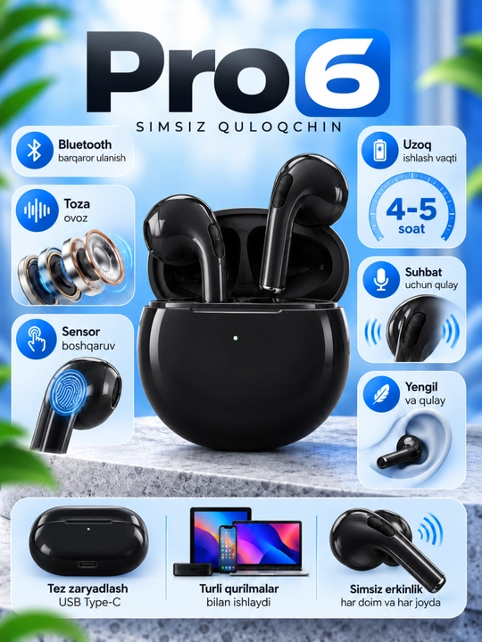Pro6 simsiz quloqchin, Bluetooth, sensor boshqaruv, zaryad qutisi