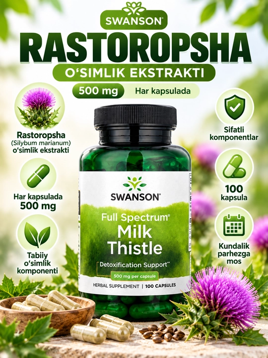 Biologik faol qo‘shimcha, SWANSON Milk Thistle 500 mg, 100 kapsula - 