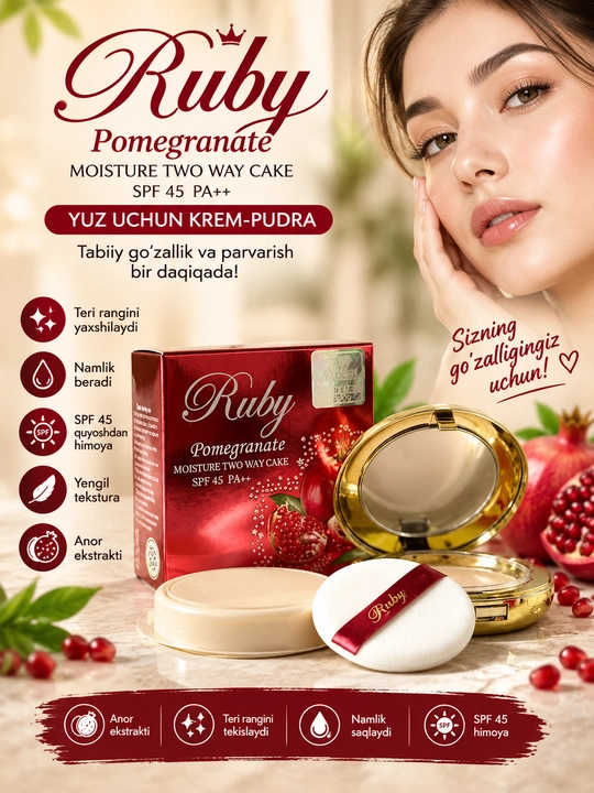 Ruby Pomegranate Moisture Two Way Cake kompakt pudra, SPF 45 PA++ - 