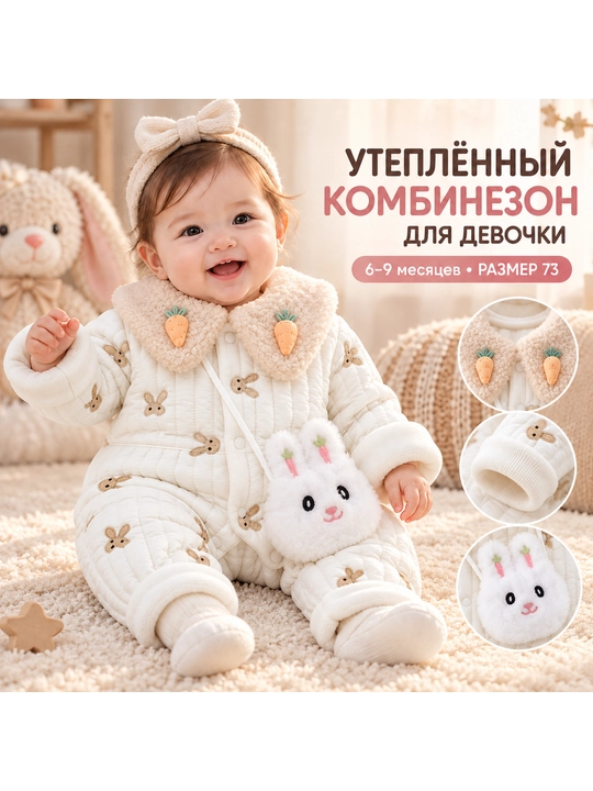 Комбинезон детский утепленный для девочки, с меховым воротником и сумочкой, 0-2 года