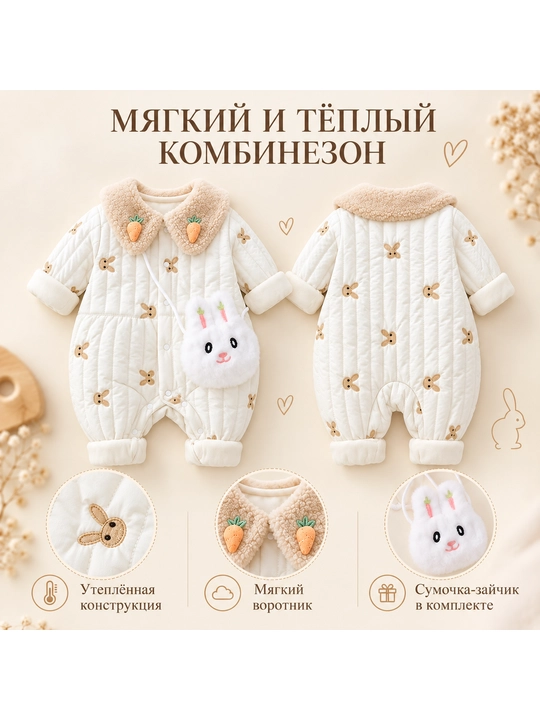 Комбинезон детский утепленный для девочки, с меховым воротником и сумочкой, 0-2 года