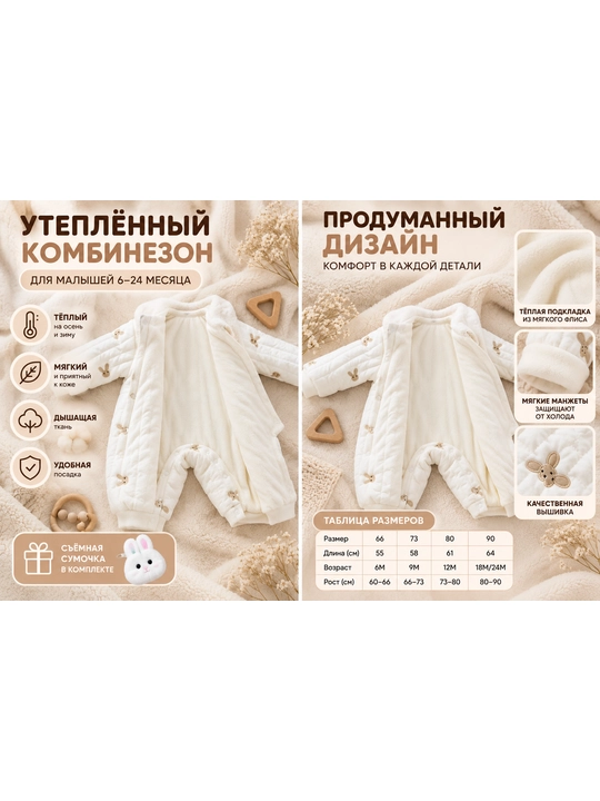 Комбинезон детский утепленный для девочки, с меховым воротником и сумочкой, 0-2 года