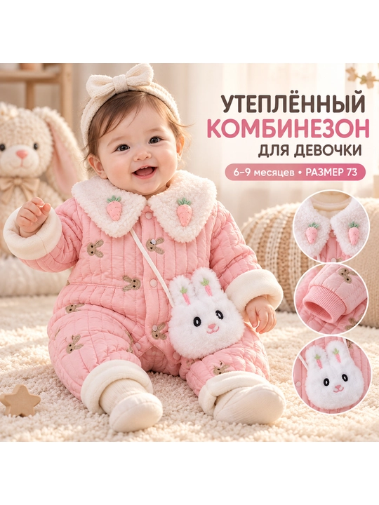 Комбинезон детский утепленный для девочки, с меховым воротником и сумочкой, 0-2 года