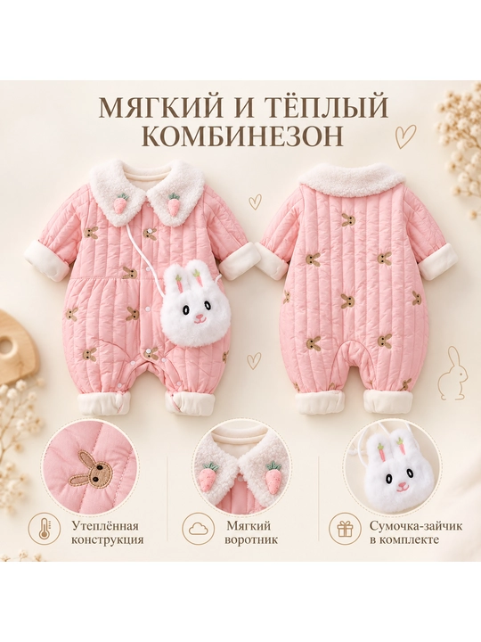 Комбинезон детский утепленный для девочки, с меховым воротником и сумочкой, 0-2 года