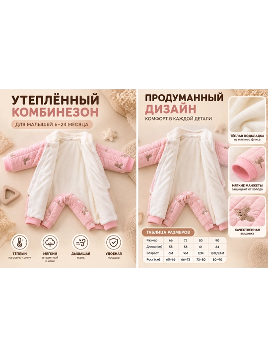 Комбинезон детский утепленный для девочки, с меховым воротником и сумочкой, 0-2 года