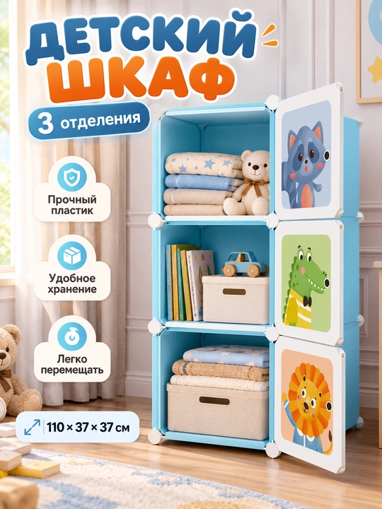 Модульный пластиковый шкаф для хранения детских вещей, 3 секции - 