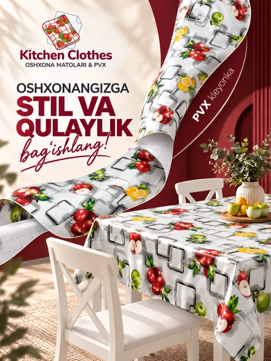 Oshxona uchun suv o‘tkazmaydigan gulli PVX dasturxon — yumshoq va oson tozalanadi - 