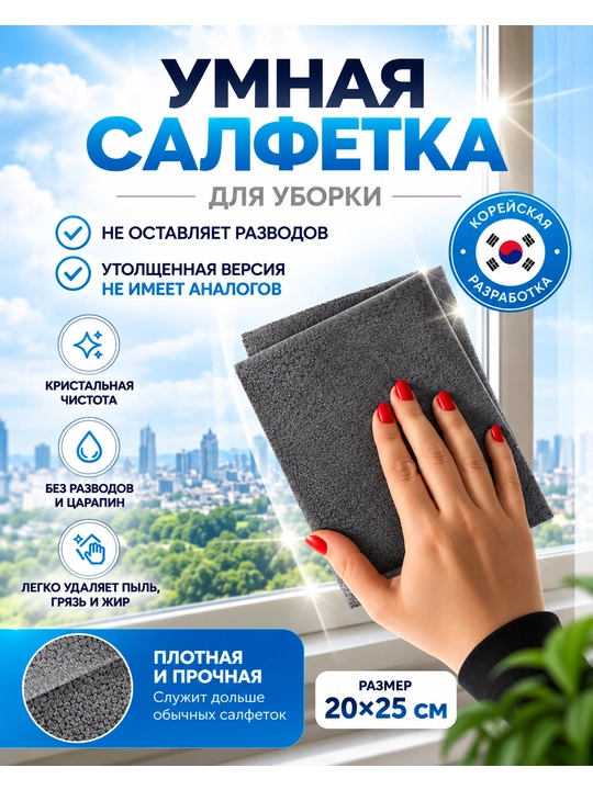 Универсальная тряпка для уборки, салфетка из микрофибры для стекла и зеркал умная салфетка - 