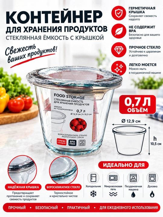 Danny 0,7 l shisha oziq-ovqat saqlash konteyneri, qopqoqli - 