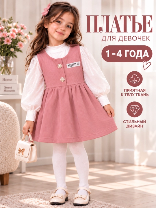 Qiz bolalar ko‘ylagi, kuzgi bayramona ko‘ylak, qizlar uchun kundalik ko`ylak, 1–4 yosh - 