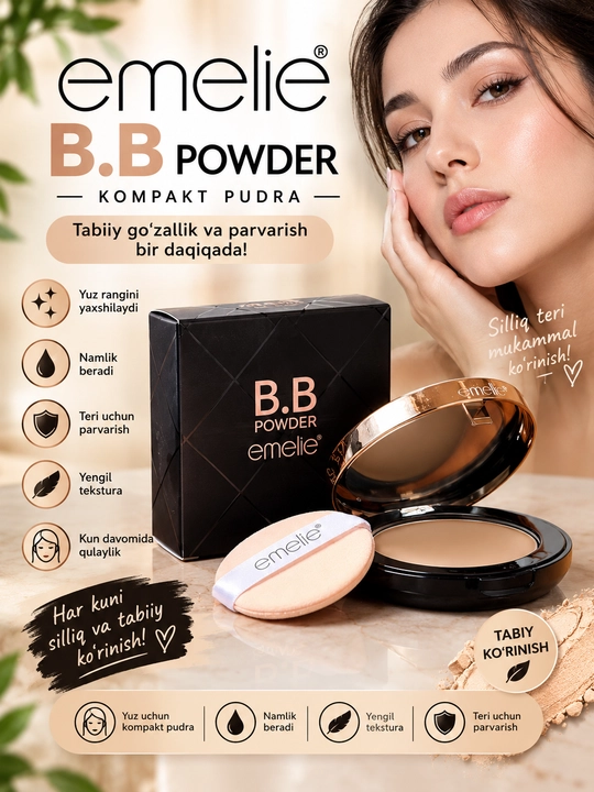 Emelie B.B Powder kompakt pudra, yuz uchun dekorativ kosmetika - 