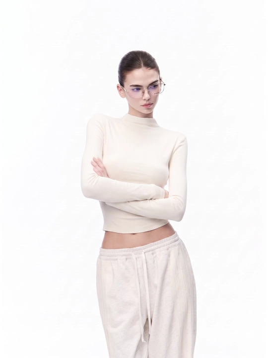 MIYO Ayollar uchun baland yoqali longsleeve, yopishib turuvchi bazaviy top