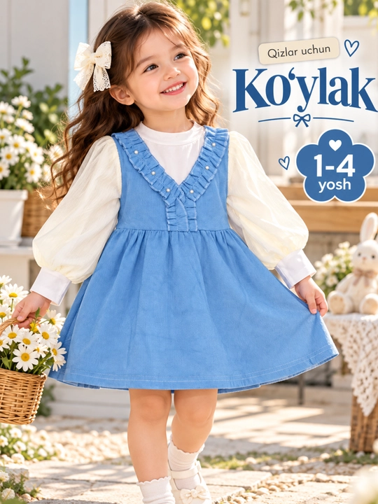 Qiz bolalar ko‘ylagi, kuzgi bayramona ko‘ylak, qizlar uchun kundalik ko`ylak, 1–4 yosh - 