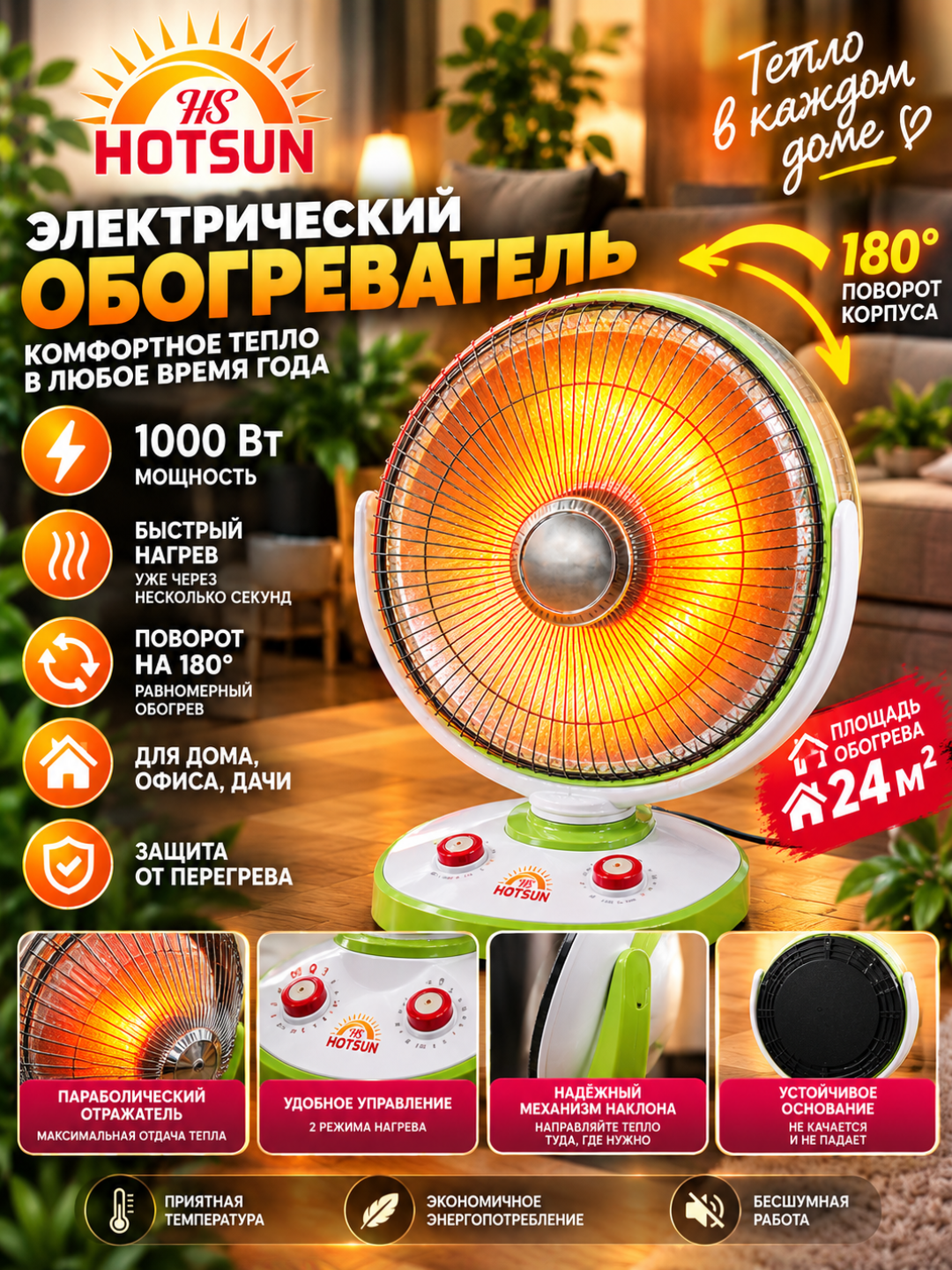 Электрический инфракрасный обогреватель 1500 Вт — 2 настройки, до 25 м², вращающийся