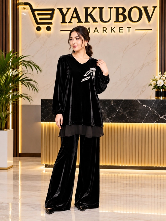 Женский костюм из велюра, длинная кофта и широкие брюки, размеры 46-54