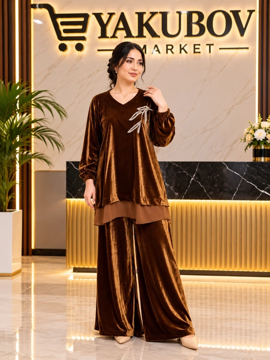 Женский костюм из велюра, длинная кофта и широкие брюки, размеры 46-54