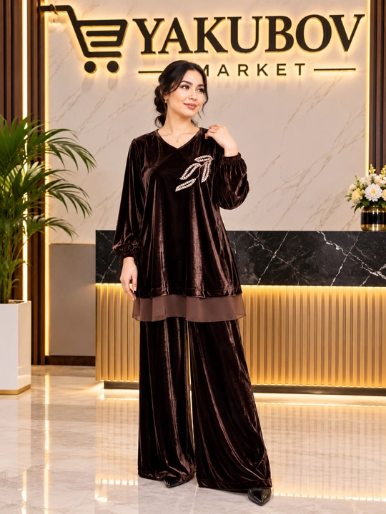 Женский костюм из велюра, длинная кофта и широкие брюки, размеры 46-54