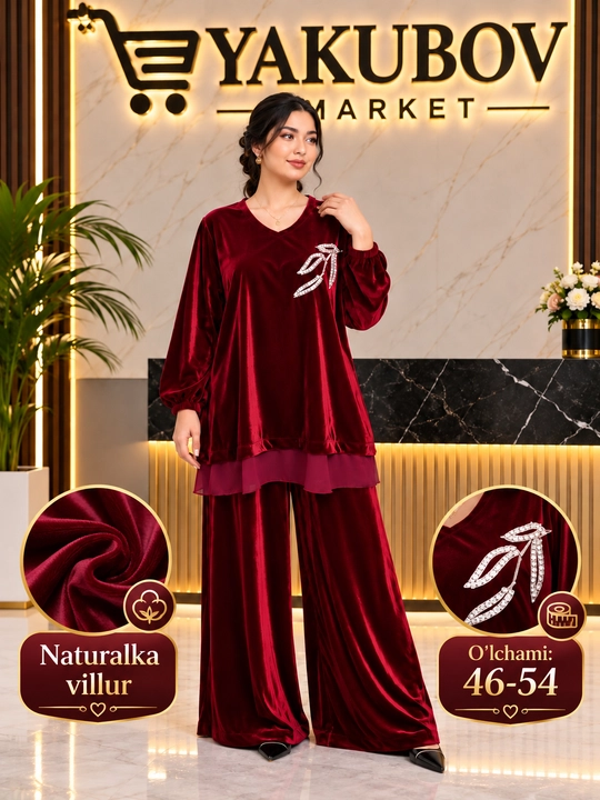 Женский костюм из велюра, длинная кофта и широкие брюки, размеры 46-54 - 