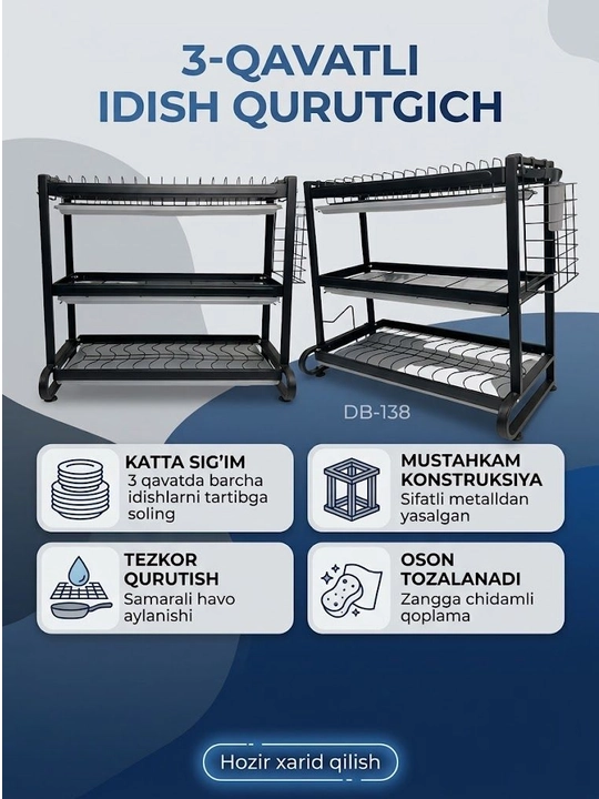 3 qavatli idish qurutgich metall, oshxona uchun idish quritgich organayzer, poddonli
