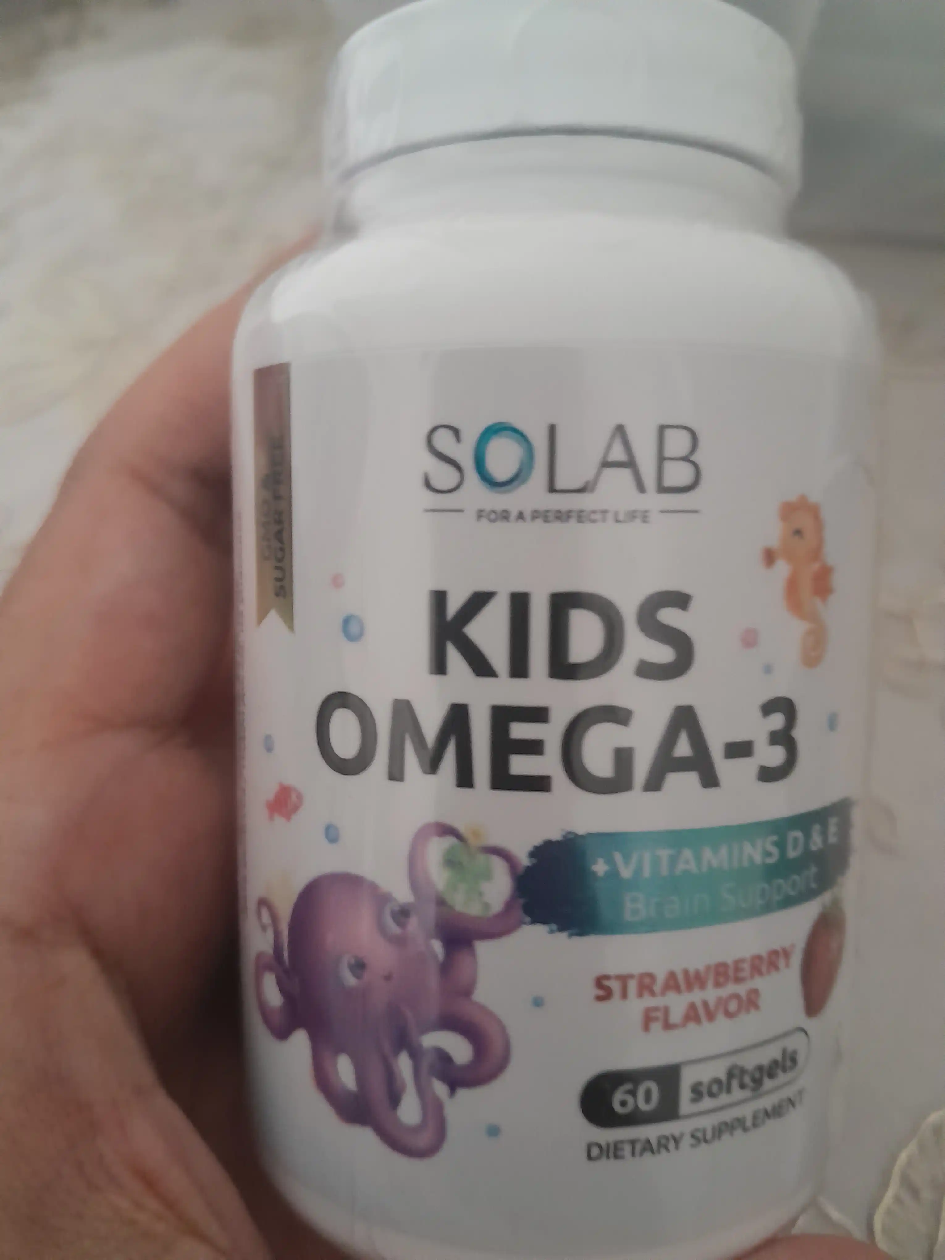 Omega-3, SOLAB, bolalar uchun + D va E vitamini bilan, qulupnay ta'mi, 60 kapsula