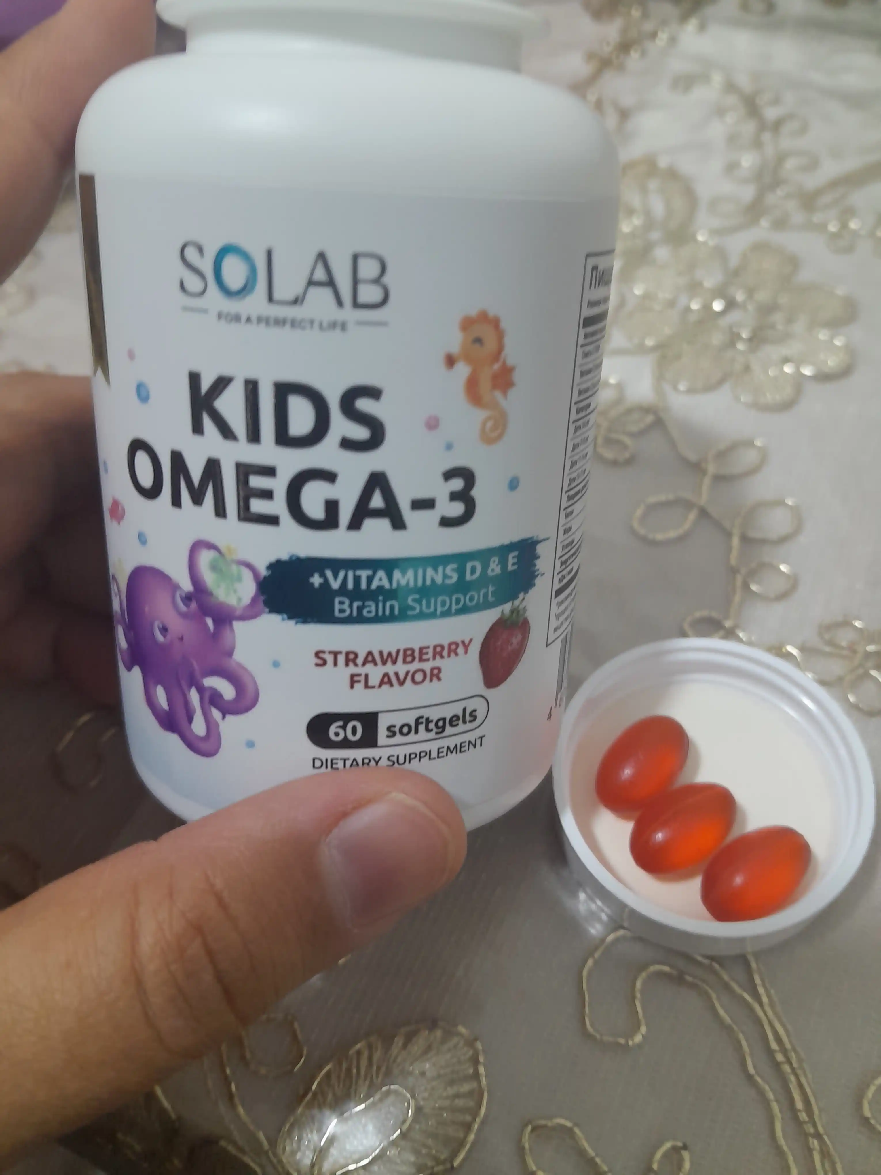 Omega-3, SOLAB, bolalar uchun + D va E vitamini bilan, qulupnay ta'mi, 60 kapsula