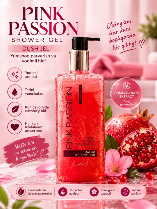 Har kuni foydalanish uchun yoqimli hidli PINK PASSION dush geli - 