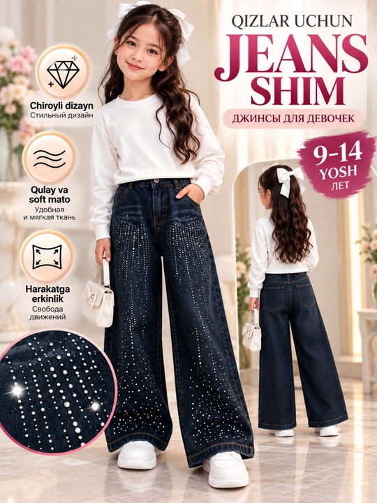 Qizlar uchun jinsi shim 9–14 yosh keng oyoqli ko‘k zamonaviy toshli jeans - 