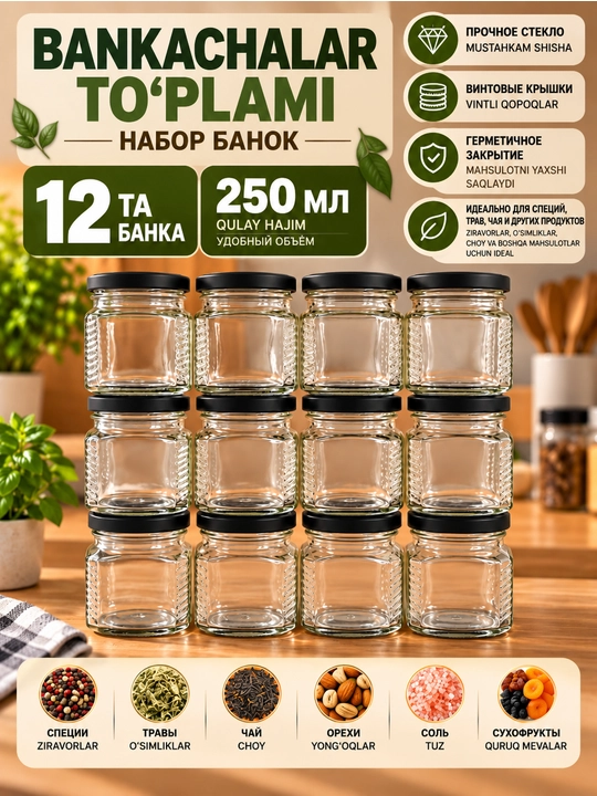 Набор стеклянных банок 250мл / 12шт