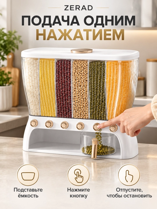 Диспенсер для риса и круп на 6 секций, кухонный контейнер-органайзер