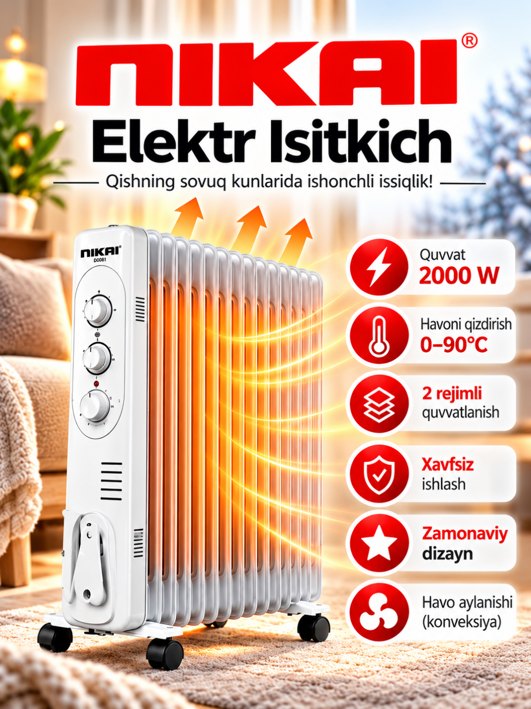 Обогреватель NIKAI COMFORT 2000W. isitgich, isitgichlar - 