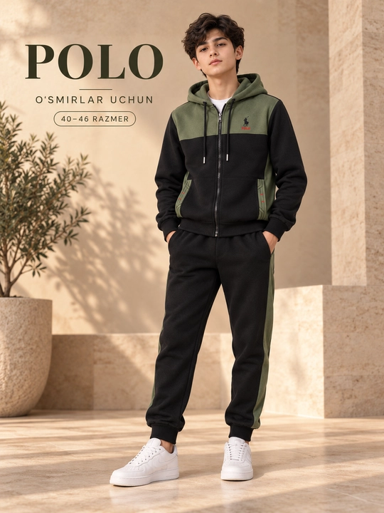 O‘smir o‘g‘il bolalar uchun POLO sport kostyumi, kapyushonli hudi va shim, 40–46 razmer