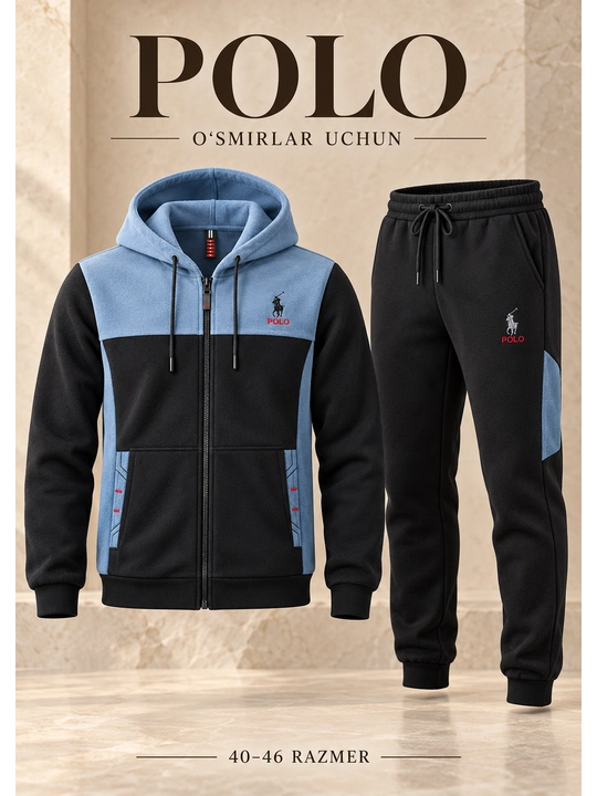 O‘smir o‘g‘il bolalar uchun POLO sport kostyumi, kapyushonli hudi va shim, 40–46 razmer