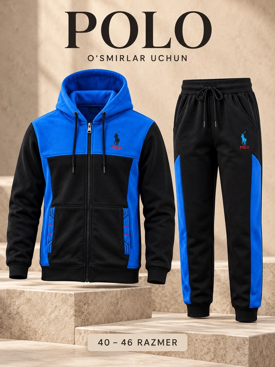 O‘smir o‘g‘il bolalar uchun POLO sport kostyumi, kapyushonli hudi va shim, 40–46 razmer