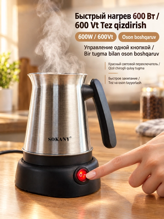 Elektr turk kofe qaynatgich SOKANY SK-09044, 600 Vt, 800 ml, zanglamaydigan poʻlat