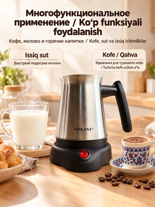Elektr turk kofe qaynatgich SOKANY SK-09044, 600 Vt, 800 ml, zanglamaydigan poʻlat