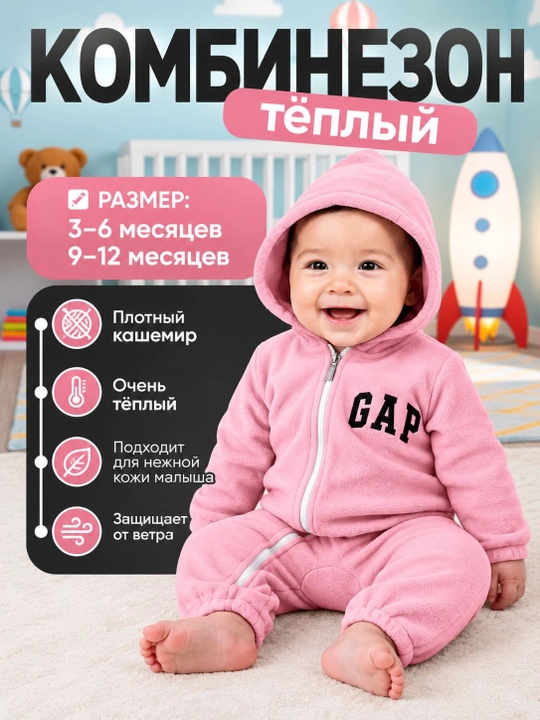 Зимний тёплый комбинезон для детей, Кашемир-флис материал, Комбинезон с капюшоном - 