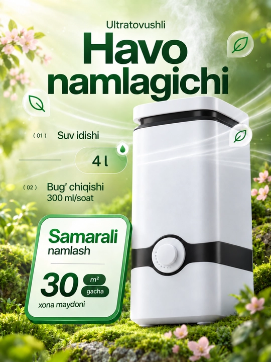 Havo namlagichi uy va ofis uchun, ultratovushli, 4 l, yuqoridan suv quyiladi - 