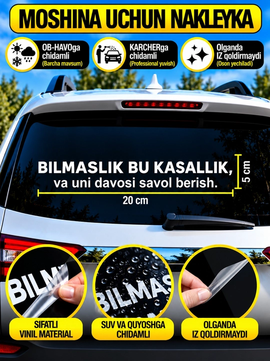 Avtomobil uchun stiker — yozuvlar, belgilar, logotiplar, oq rangda, suvga chidamli - 
