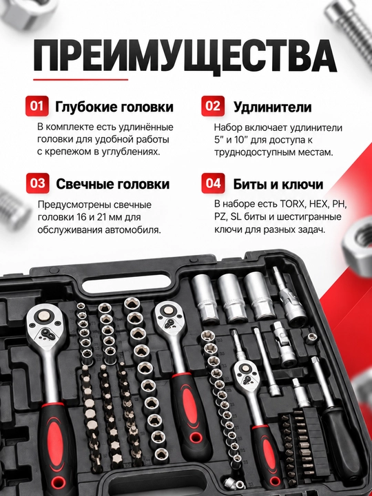 Набор инструментов 172 предмета, Cr-V сталь, приводы 1/4, 3/8 и 1/2