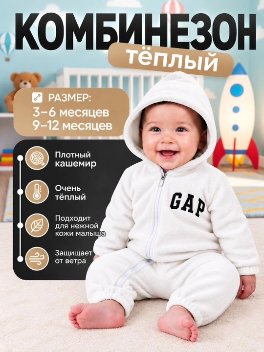 Зимний тёплый комбинезон для детей, Кашемир-флис материал, Комбинезон с капюшоном - 