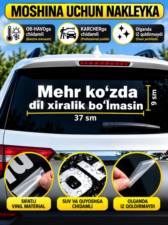 Avtomobil uchun stiker — yozuvlar, belgilar, logotiplar, oq rangda, suvga chidamli - 