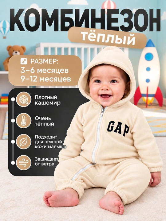 Зимний тёплый комбинезон для детей, Кашемир-флис материал, Комбинезон с капюшоном - 