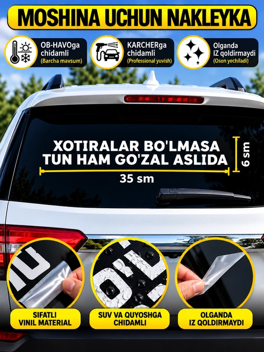 Avtomobil uchun stiker — yozuvlar, belgilar, logotiplar, oq rangda, suvga chidamli - 