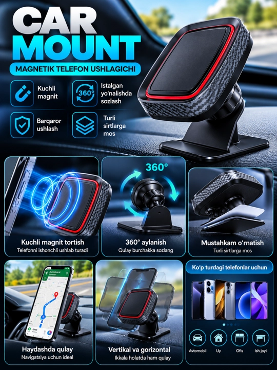 Avtomobil uchun magnitli telefon ushlagich, panelga o‘rnatiladigan Car Mount