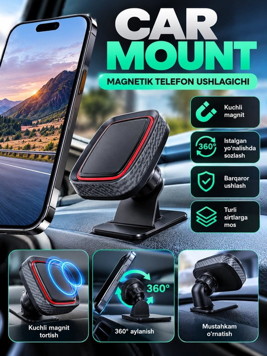 Avtomobil uchun magnitli telefon ushlagich, panelga o‘rnatiladigan Car Mount - 