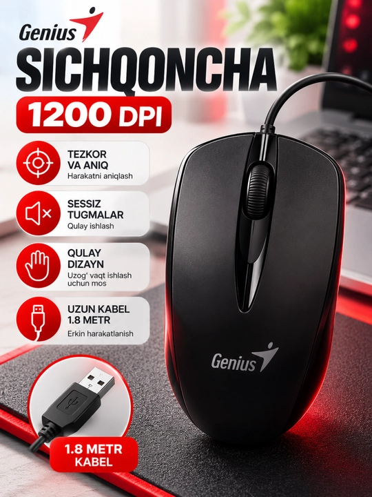 Genius DX-128 проводная оптическая мышь, 1200 DPI, кабель 1,8 м - 