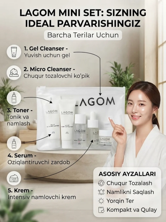Lagom Mini Set - Terini tozalash va namlash uchun koreys kosmetikasi to‘plami - 
