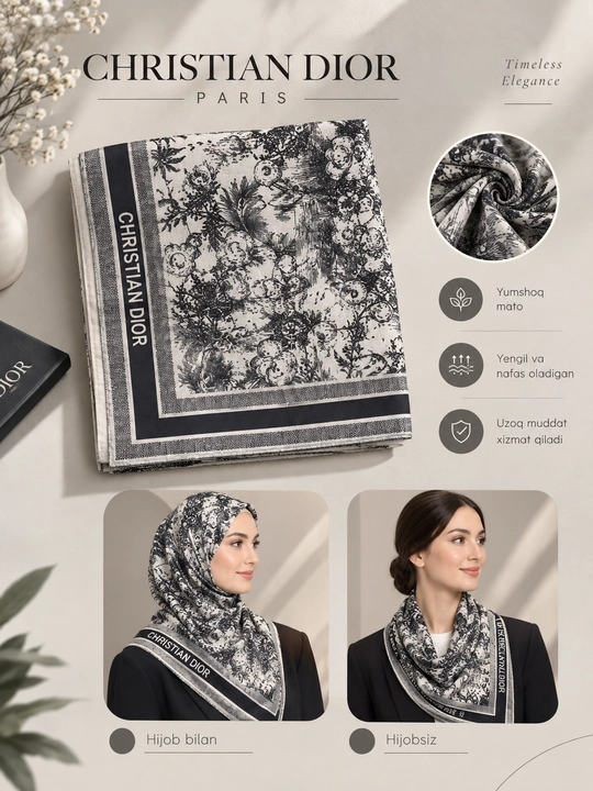 Женский платок Christian Dior с изысканным принтом 90×90 см - 
